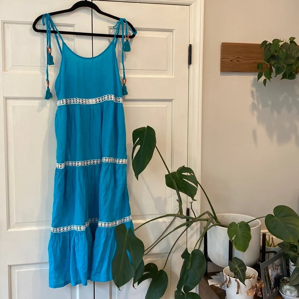 Rachel Zoe Linen Teal Bohemian Tiered Maxi Dress Crochet Pool Cruisewear Crochet